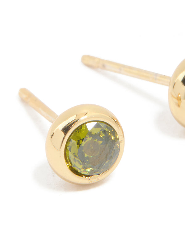 Crafted from waterproof gold plated stainless steel with cubic zirconia August birthstone bezel set studs close up view