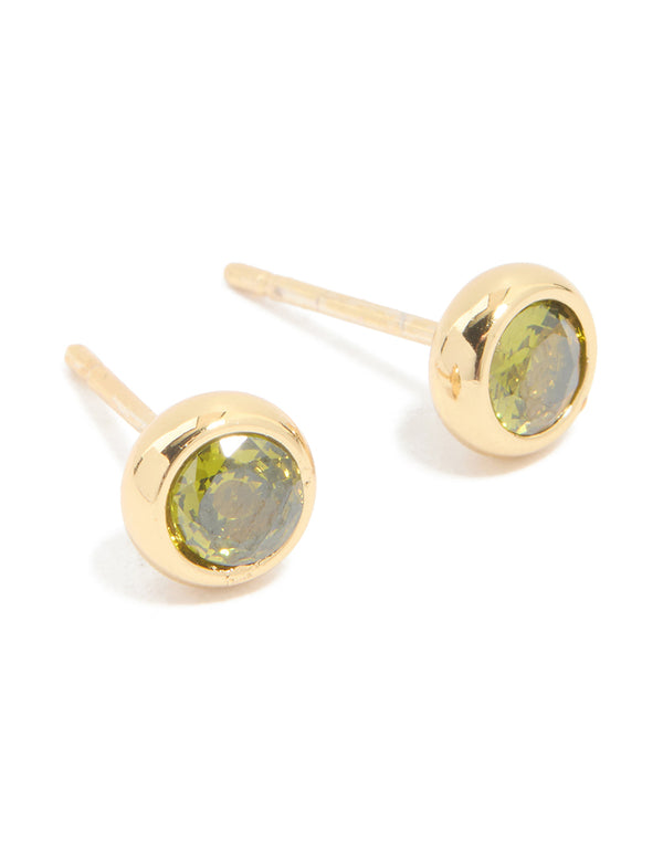 Showcasing waterproof gold plated stainless steel cubic zirconia August birthstone bezel set stud earrings with olive stones front view