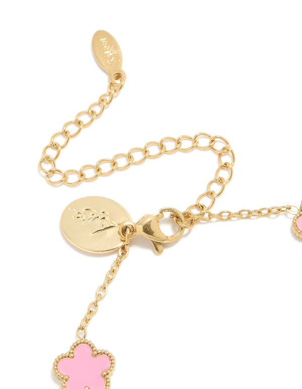 Waterproof Gold Plated Stainless Steel Light Pink Petal Flower Charm Bracelet