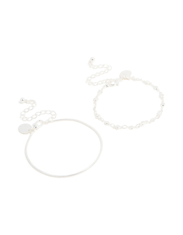 Silver Snake Chain & Heart Chain Bracelets 2-Pack