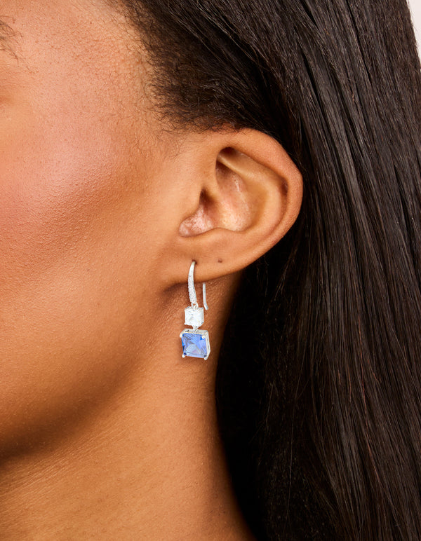 Silver Sapphire Cubic Zirconia Dainty Square Drop Earrings
