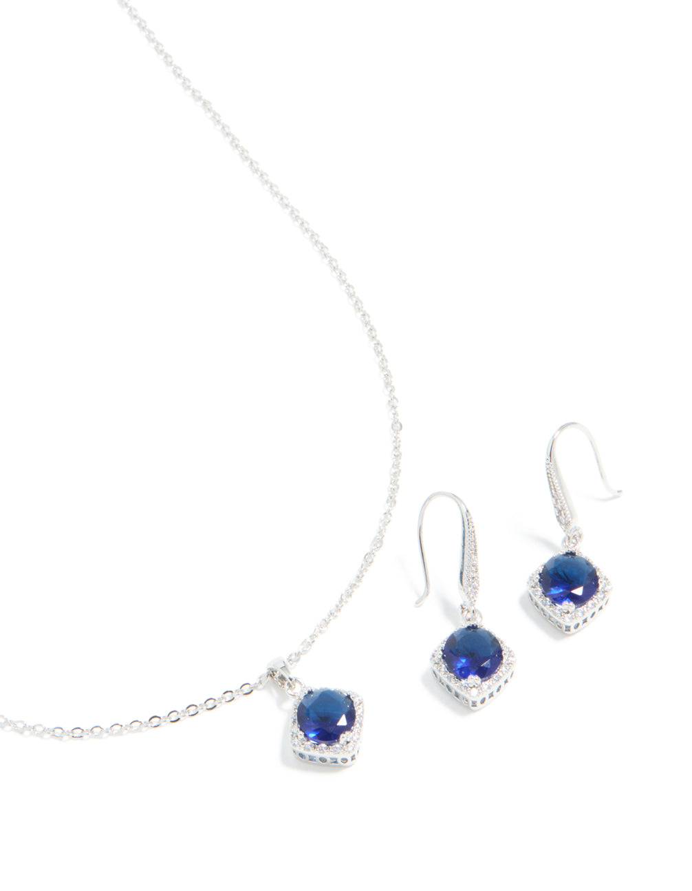 Silver Sapphire Cubic Zirconia Square Cushion Earrings & Necklace Set