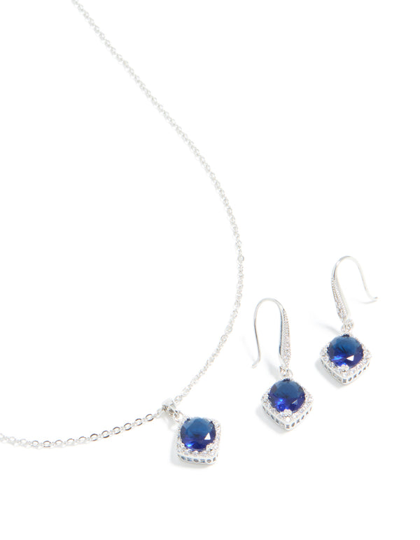 Silver Sapphire Cubic Zirconia Square Cushion Earrings & Necklace Set