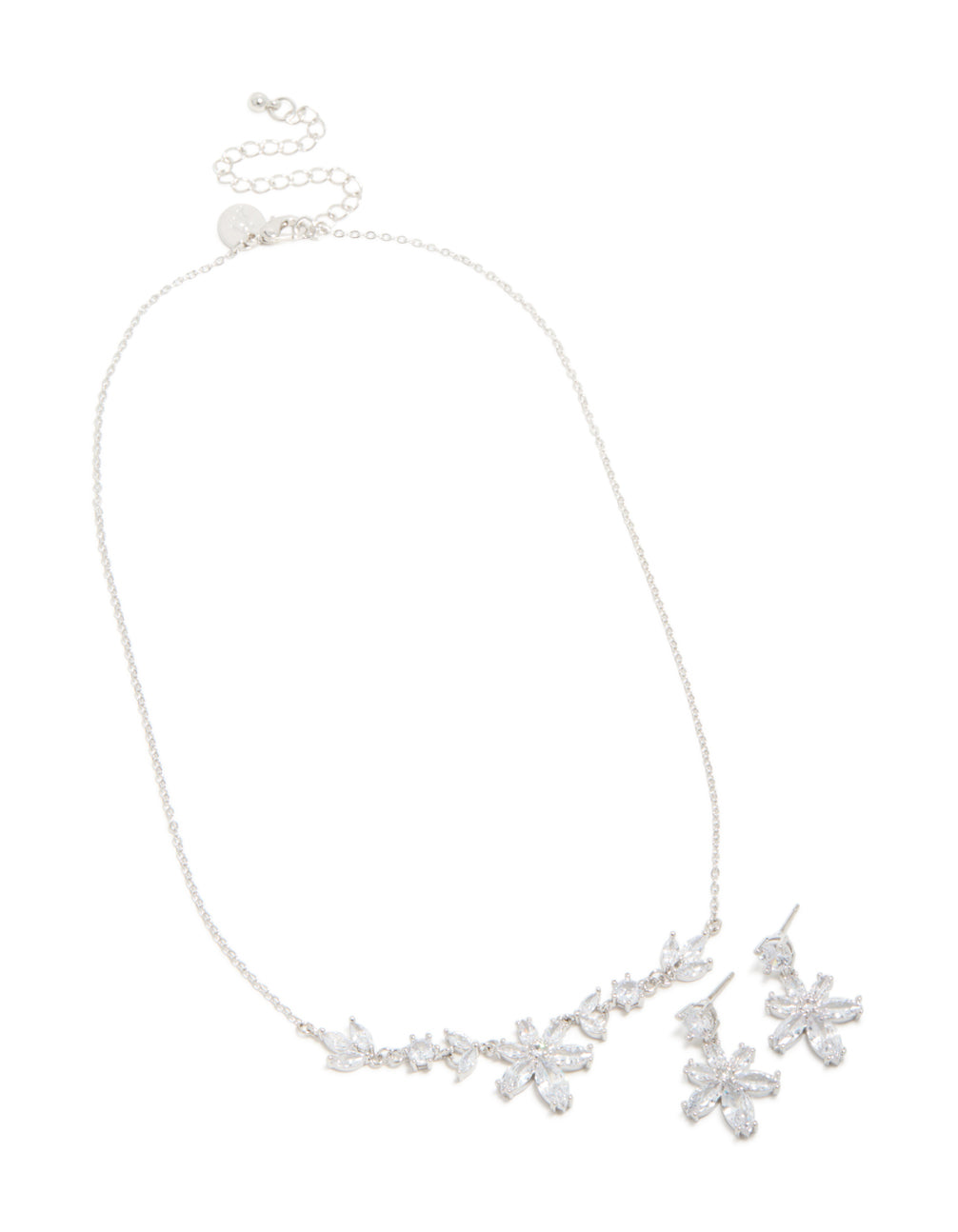 Silver Cubic Zirconia Lovely Floral Necklace & Earrings Set