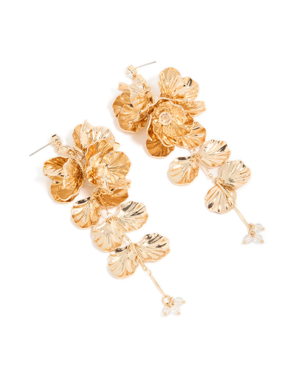 Gold Long Floral Drop Earrings
