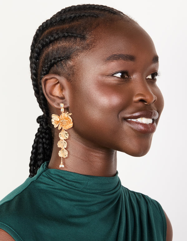 Gold Long Floral Drop Earrings
