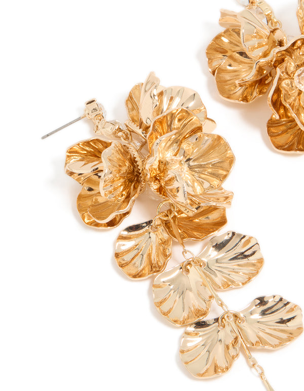 Gold Long Floral Drop Earrings