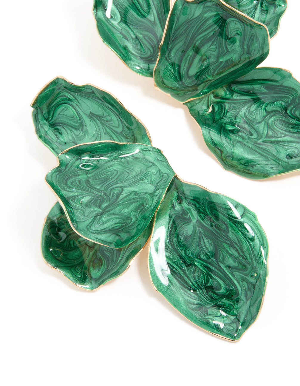 Designed with emerald green coated metal half flower petal drop earrings featuring statement styling and marbled texture close up view