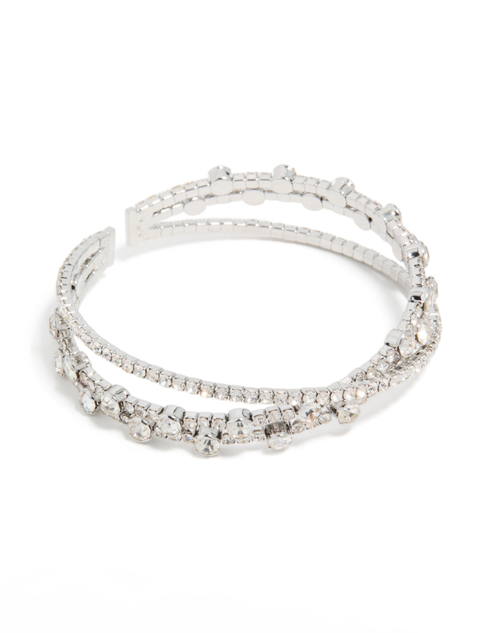 Elegant silver diamante crossed circle wrist cuff, statement bangle in front view