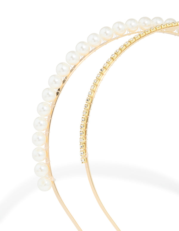 Featuring crafted embellishments and pearl accents, these shiny gold headbands are presented in a detailed 2-pack detail view