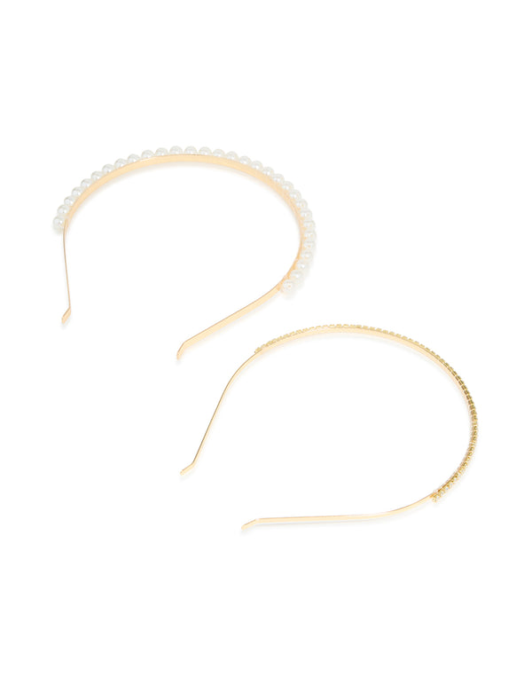 Featuring pearl accents in gold, this 2-pack of shiny headbands side view