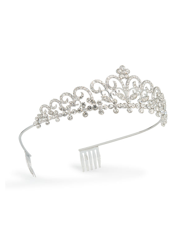Elegant silver diamante princess tiara headband featuring floral details and statement styling front view
