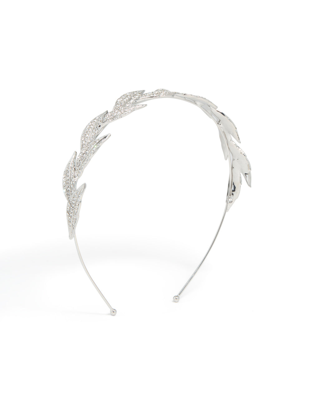 Introducing a diamante leaves headband featuring leaf motifs with silver accents at the front view