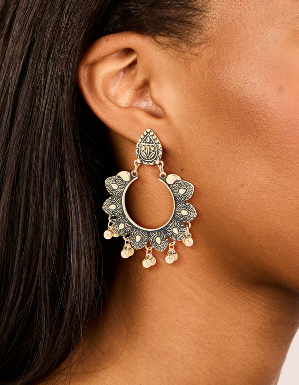 Antique Gold Circle Patterned Boho Drop Earrings