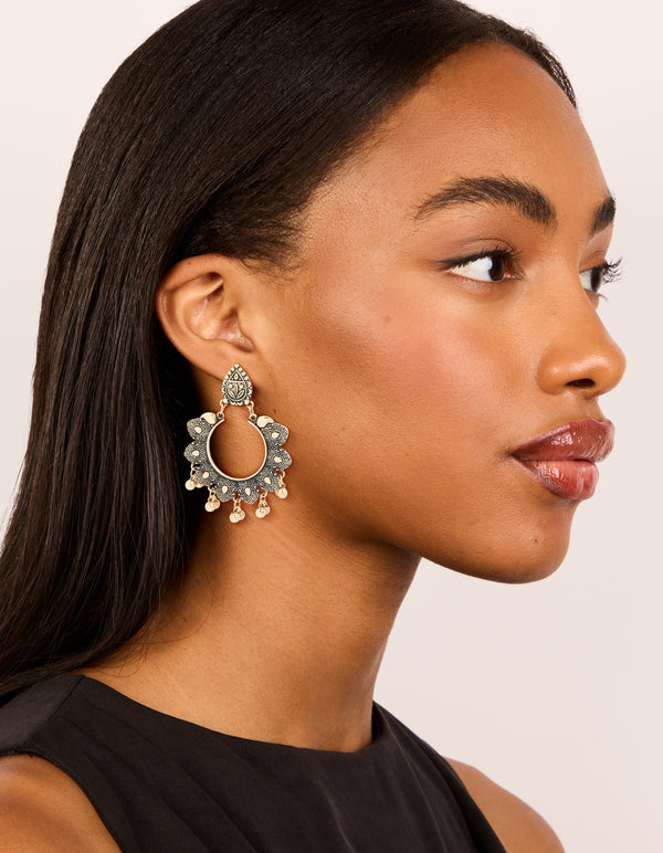 Antique Gold Circle Patterned Boho Drop Earrings