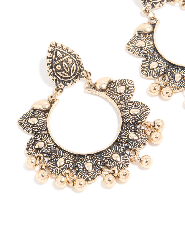 Antique Gold Circle Patterned Boho Drop Earrings