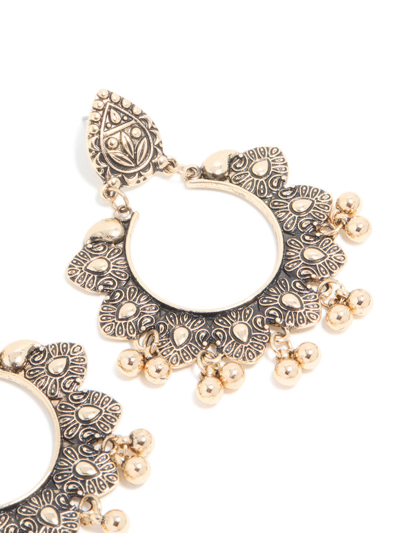 Antique Gold Circle Patterned Boho Drop Earrings