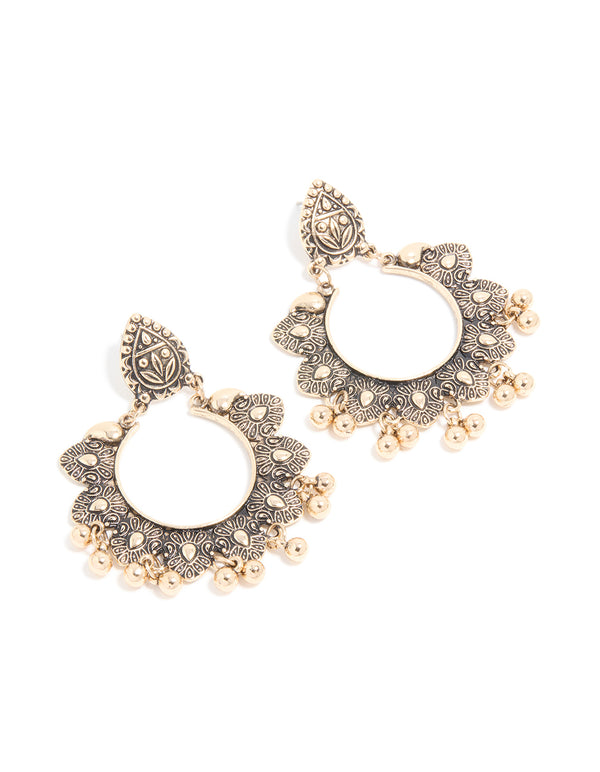 Antique Gold Circle Patterned Boho Drop Earrings