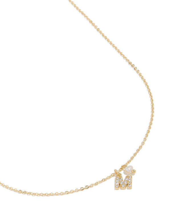 Gold Plated Cubic Zirconia & Pearl Letter M Necklace