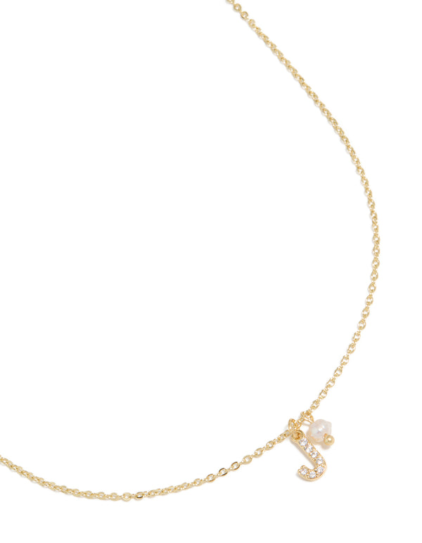 Gold Plated Cubic Zirconia & Pearl Letter J Necklace