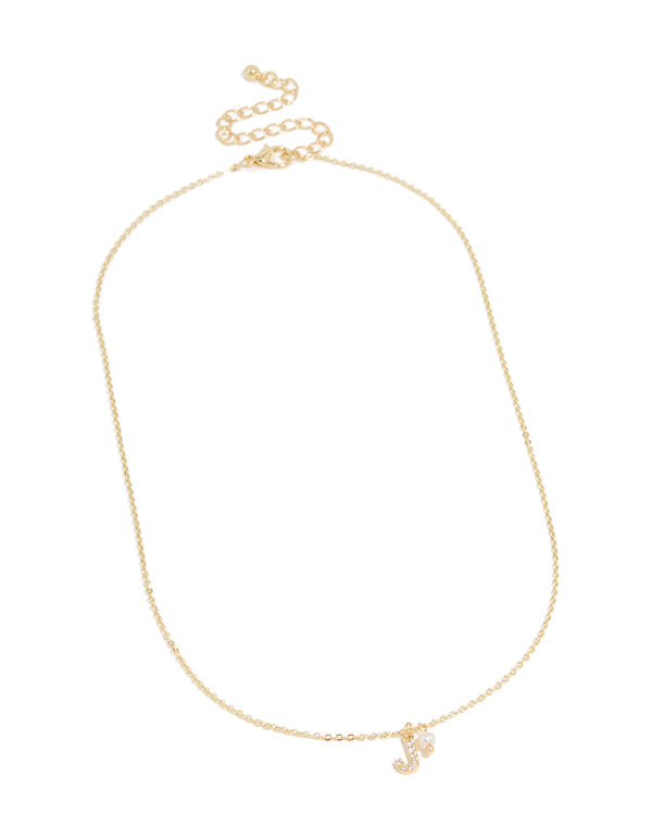 Gold Plated Cubic Zirconia & Pearl Letter J Necklace