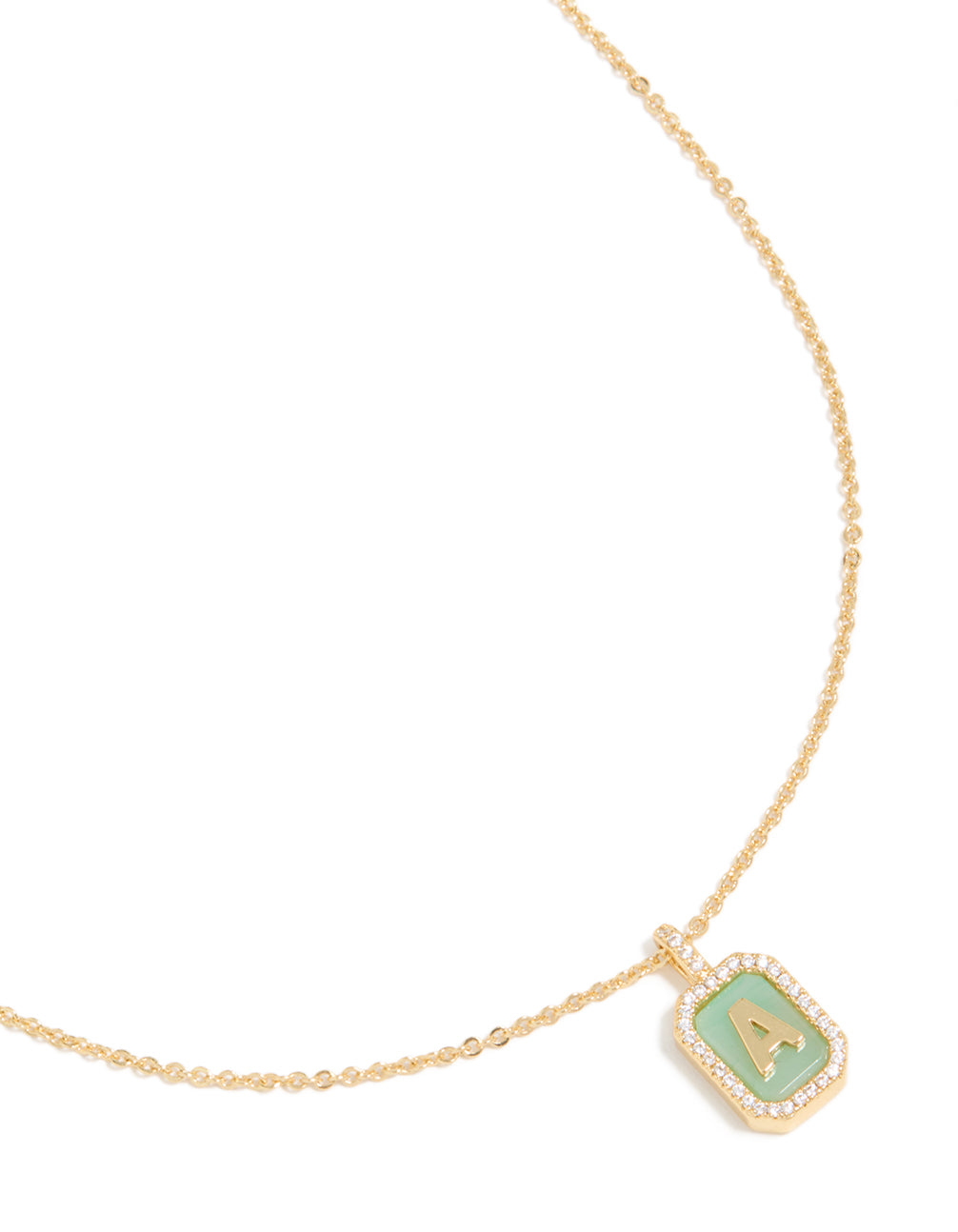 Elegantly crafted gold plated brass cubic zirconia letter A tag necklace with initials pendant close up view
