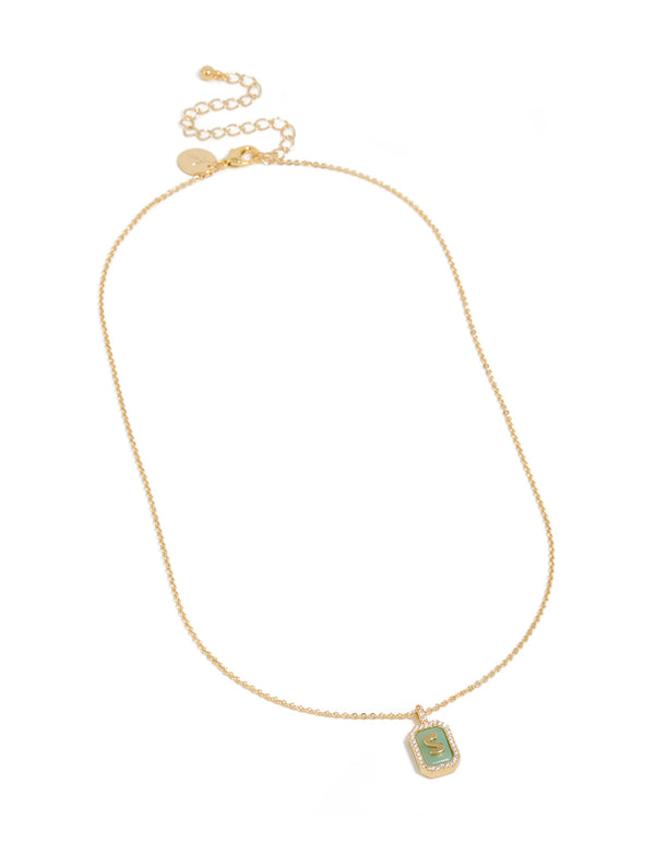 Designed with gold plated brass cubic zirconia letter S tag necklace featuring initials pendant front view