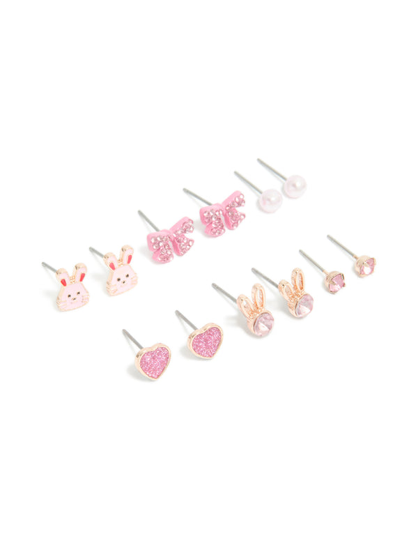 Kids Rose Gold Diamante & Bunny Bow Stud Earrings 6-Pack