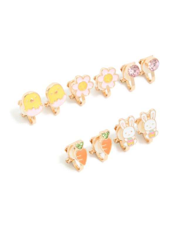 Kids Gold Bunny & Chick Clip-On Earrings 5-Pack