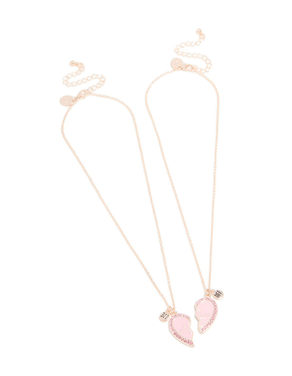 Kids Rose Gold Diamante BFF Heart Necklaces 2-Pack