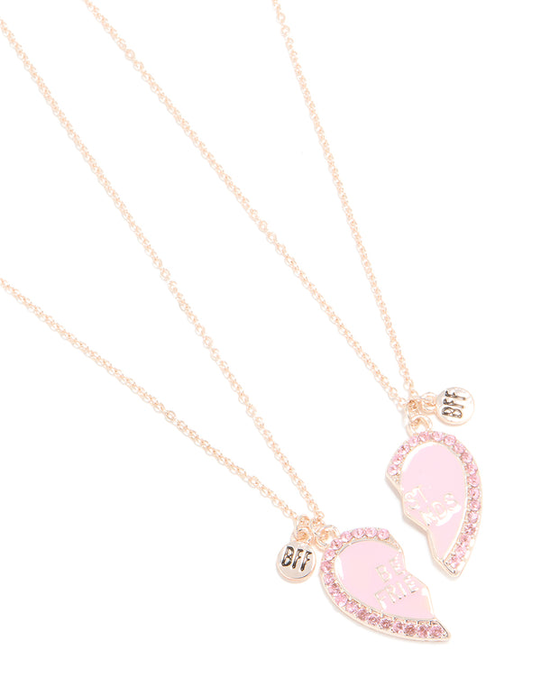 Kids Rose Gold Diamante BFF Heart Necklaces 2-Pack