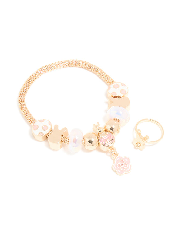 Kids Gold Flower Easter Bunny Charm Bracelet & Ring Set