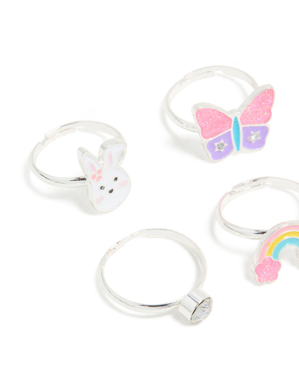Kids Silver Diamante & Flower Easter Bunny Rings 6-Pack