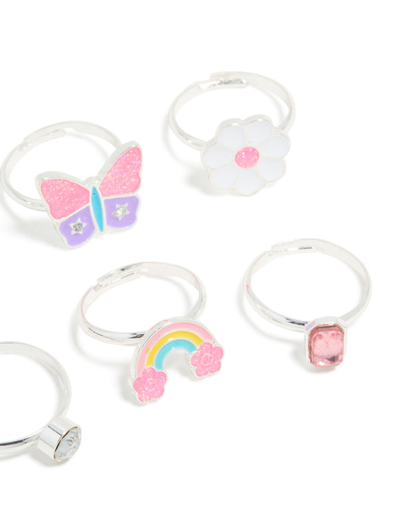 Kids Silver Diamante & Flower Easter Bunny Rings 6-Pack