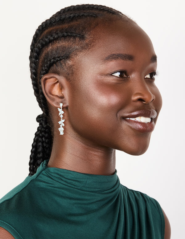 Silver Cubic Zirconia Dainty Floral Drop Earrings