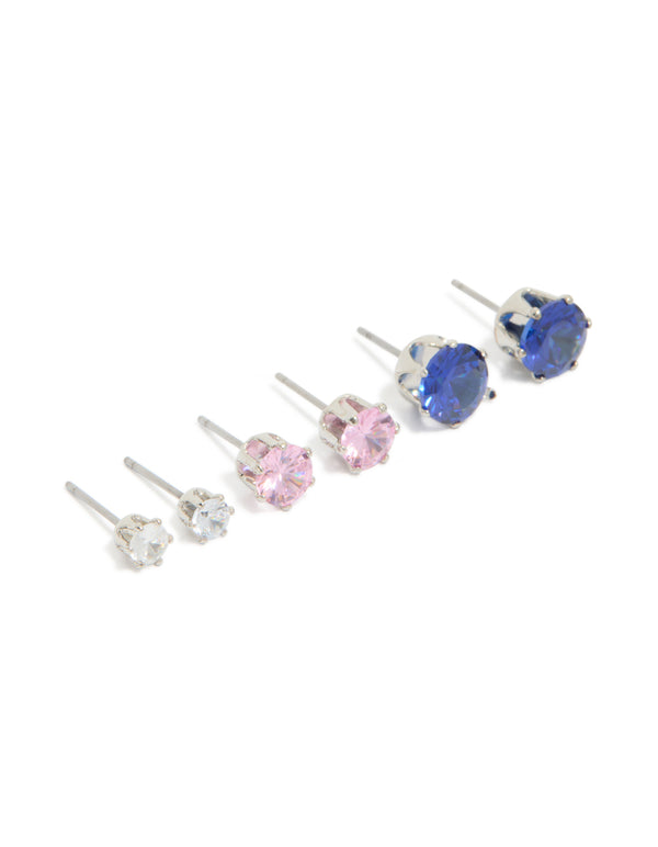 Silver Multicoloured Cubic Zirconia Stud Earrings 3 Pack