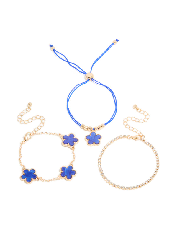 Gold Cubic Zirconia Tennis & Dark Blue Cord Flower Bracelet 3-Pack
