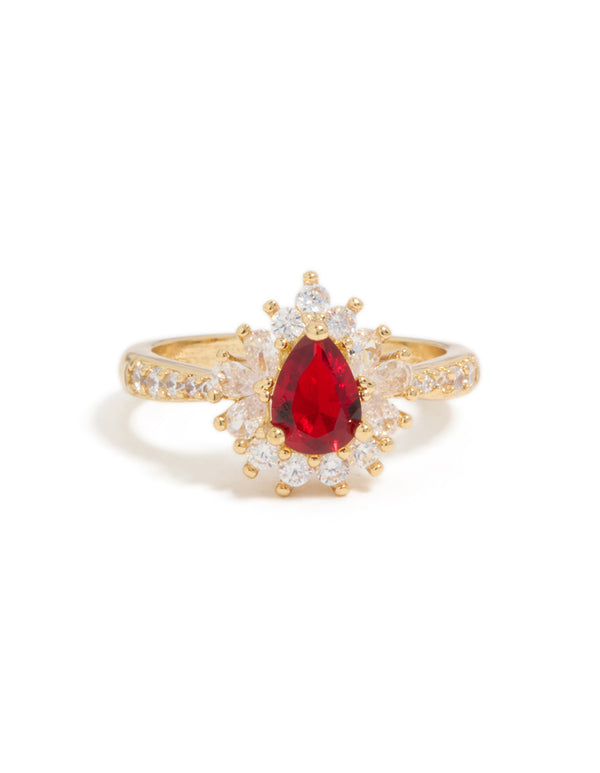 Gold Plated Gleaming Red Cubic Zirconia Pear Ring
