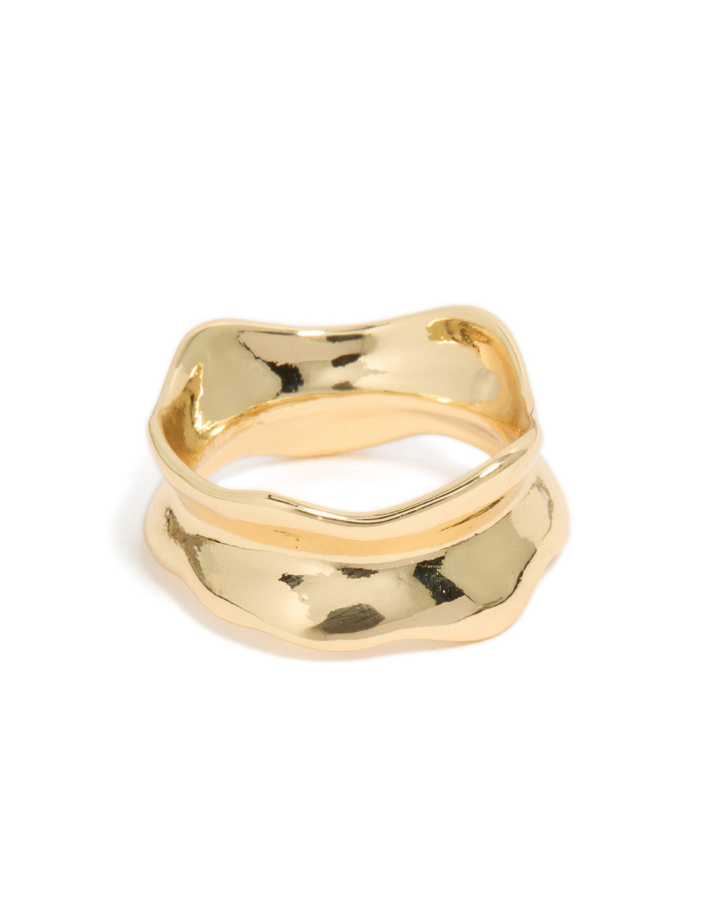 Showcasing a gold plated modern curved molten ring front view
