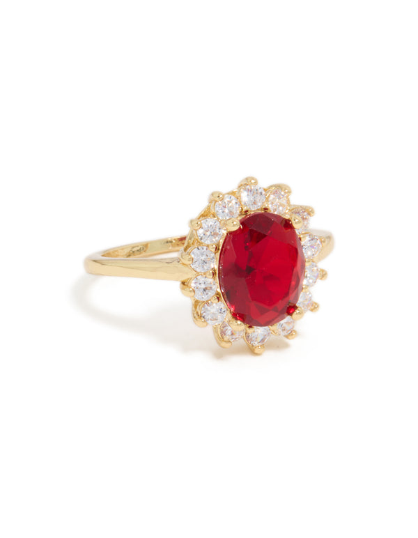 Beautifully crafted gold plated oval red cubic zirconia ring with halo design and statement style front view