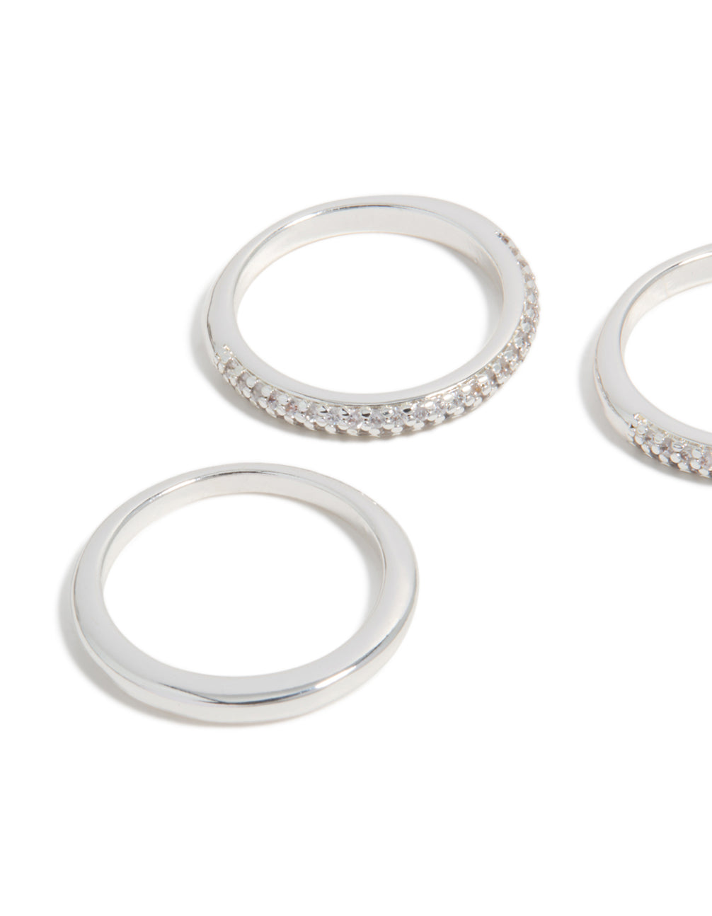 This silver plated cubic zirconia crystal band ring 3-pack shows close up view