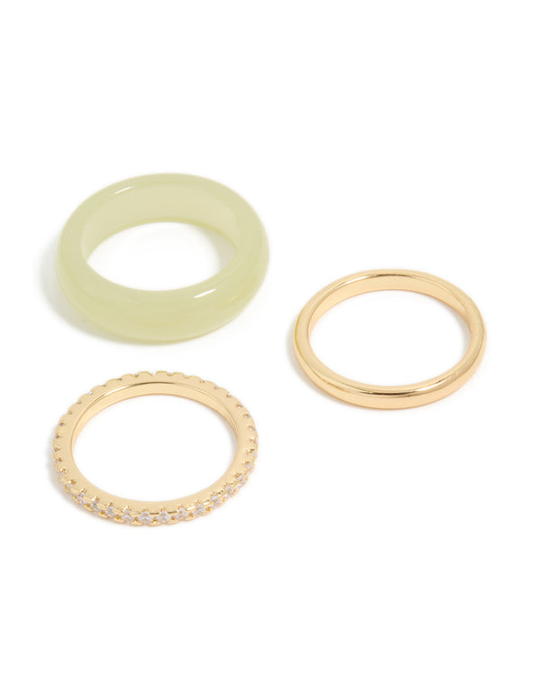 Gold Plated Acrylic & Cubic Zirconia Rings 3-Pack