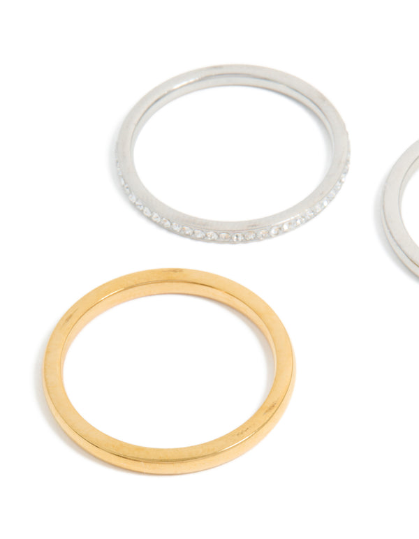Waterproof Mixed Plated Stainless Steel Thin Cubic Zirconia Stacking Rings 3-Pack