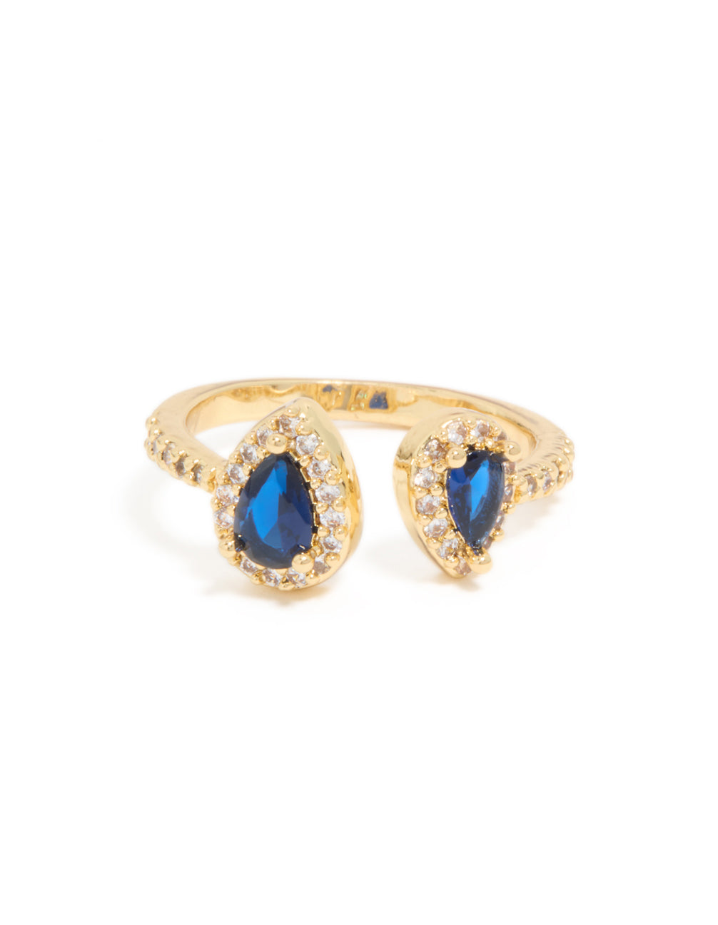 Designed with gold plated material, blue diamante duo ring featuring statement styling side detail view