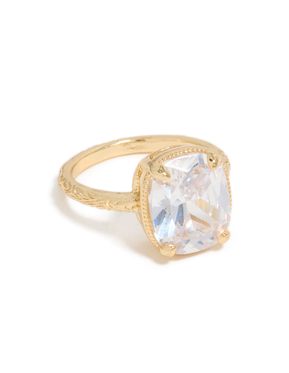 Featuring a gold plated vintage ring with cubic zirconia crystal in a statement style side detail view