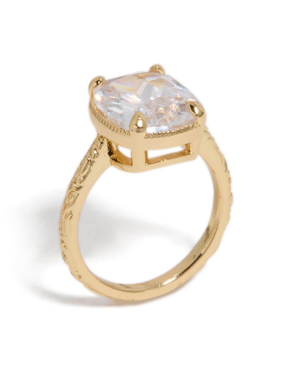 Featuring a gold plated vintage ring with cubic zirconia crystal in a statement style side detail view
