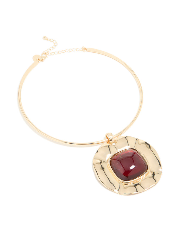 Gold Dark Red Resin Large Pendant Choker Necklace
