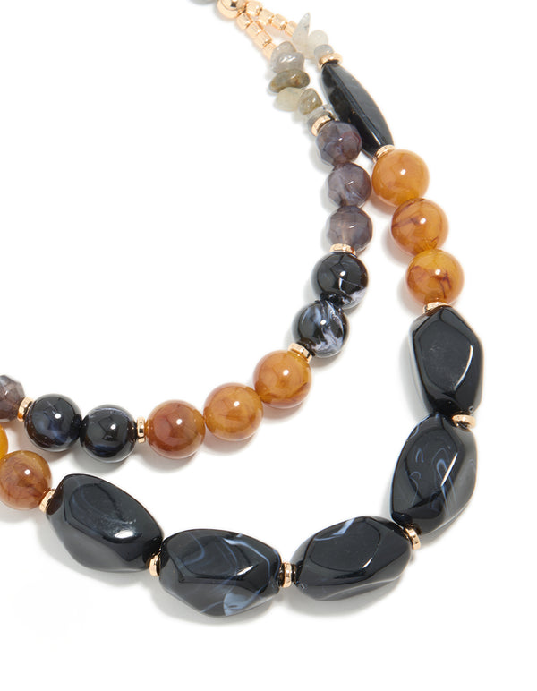 Gold Brown & Dark Blue Acrylic Beaded Layered Necklace