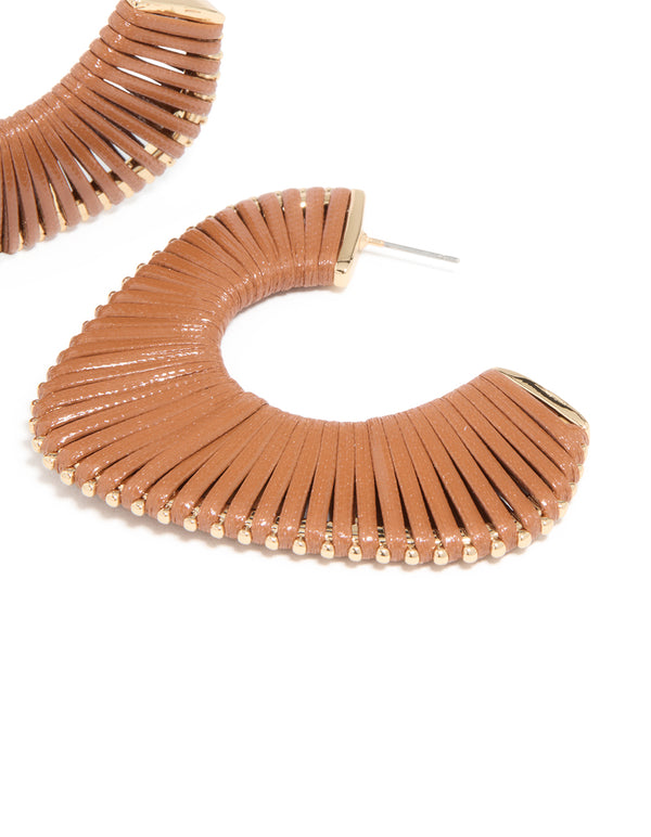 Presenting gold modern brown wrapped hoop earrings with textured design in post detail view