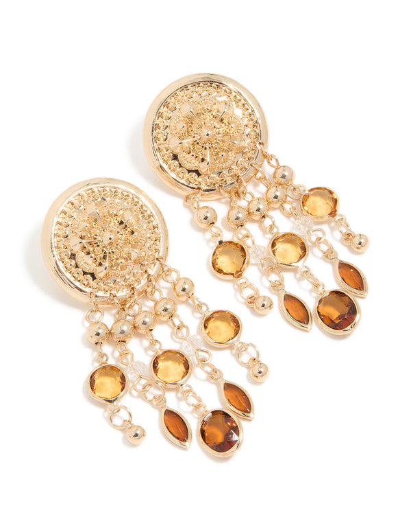 Crafted from gold, these brown diamante festival dangle drop earrings feature floral design with balls, charms accents front view